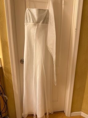 Elegant White Strapless Prom Dress with Silver Beaded Bodice